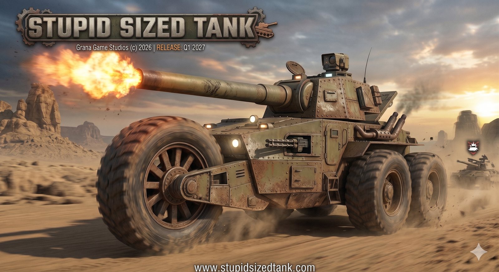 Stupid Sized Tank — a tank firing across a desert battlefield
