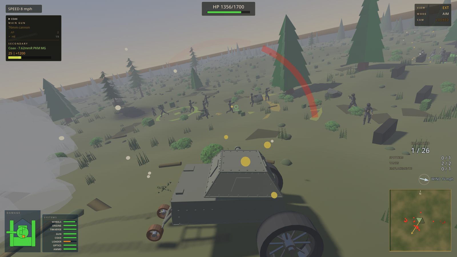 Stupid Sized Tank — exterior view of the tank under artillery fire as infantry advance through a pine forest